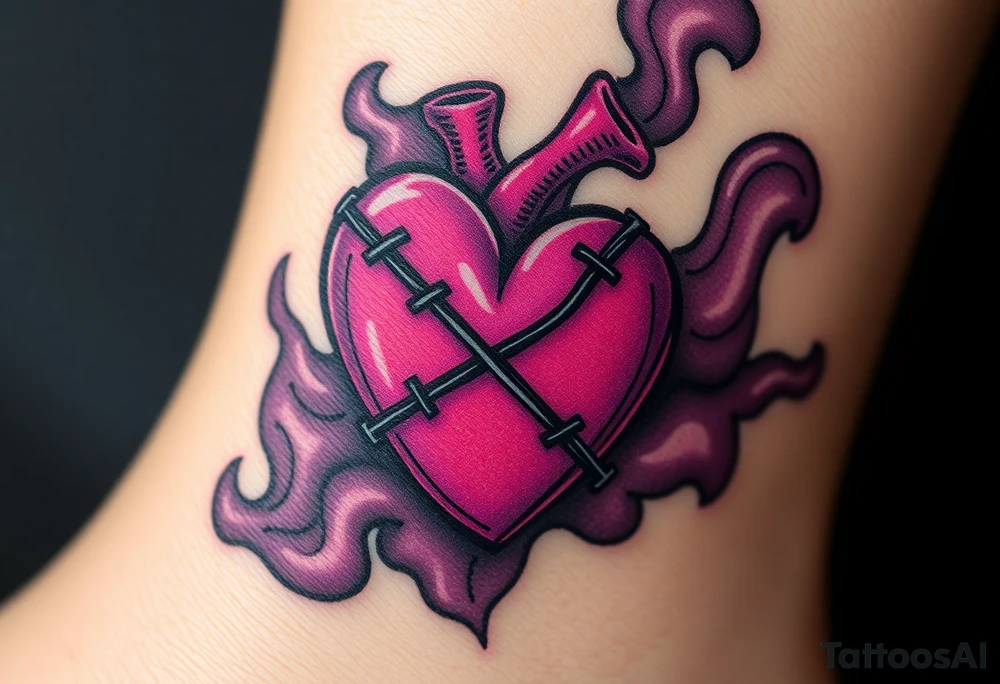 A stitched-up voodoo heart with black X-shaped stitches, surrounded by deep violet and gray smoke. tattoo idea