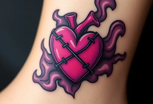 A stitched-up voodoo heart with black X-shaped stitches, surrounded by deep violet and gray smoke. tattoo idea