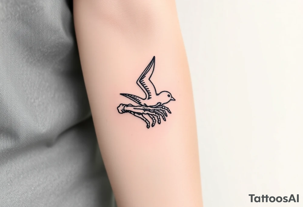 Skeleton hand reaching out of the ocean for a flying swallow tattoo idea