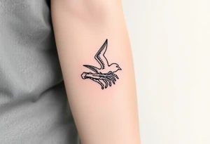 Skeleton hand reaching out of the ocean for a flying swallow tattoo idea