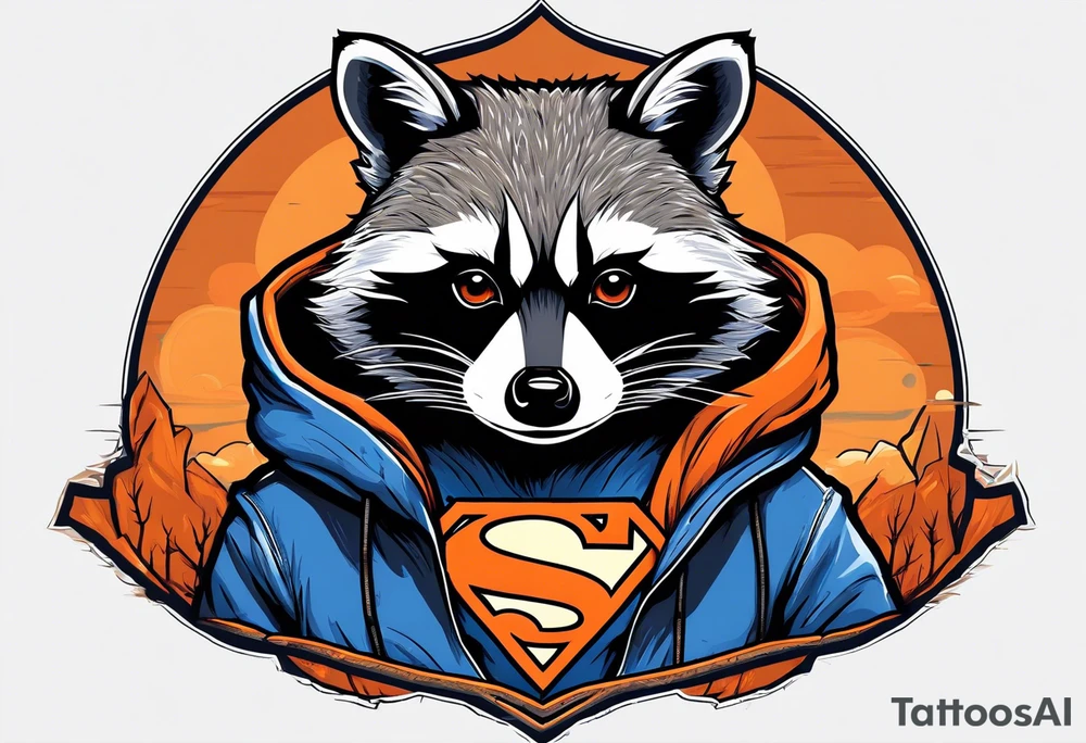 Raccoon wearing an orange Superman hoodie tattoo idea