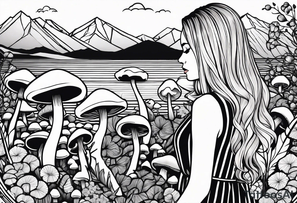 Straight blonde hair girl holding mushrooms in hand facing away toward mountains surrounded by mushrooms circular design black and white striped dress tattoo idea