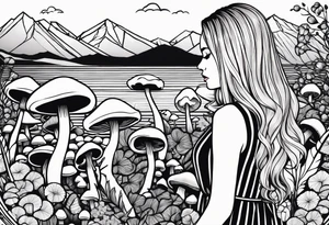 Straight blonde hair girl holding mushrooms in hand facing away toward mountains surrounded by mushrooms circular design black and white striped dress tattoo idea