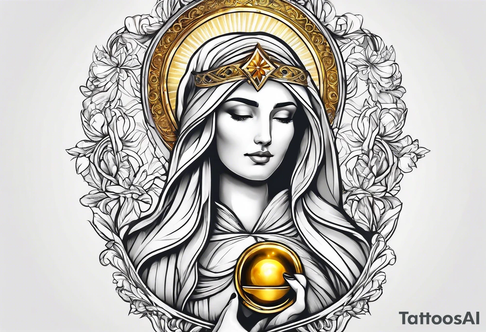 holy saint woman with golden halo holding a chalice tattoo idea