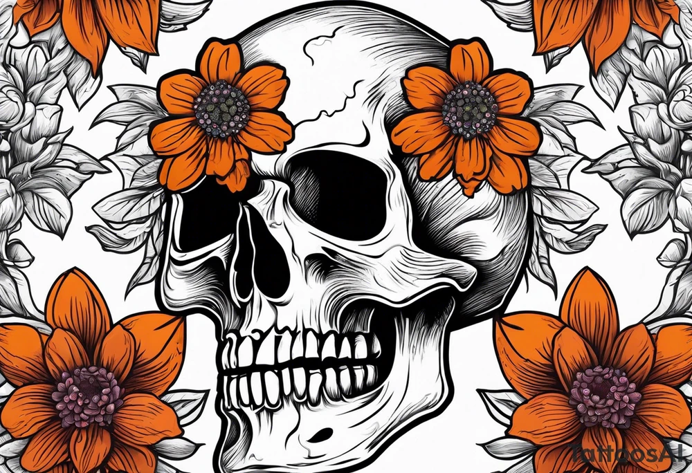 skull with flowers growing on top of its head tattoo idea