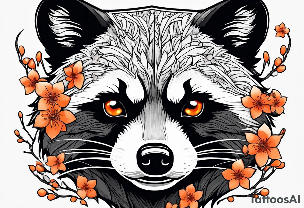 Raccoon wearing a white Superman logo on a black hoodie and orange Japanese cherry blossoms tattoo idea