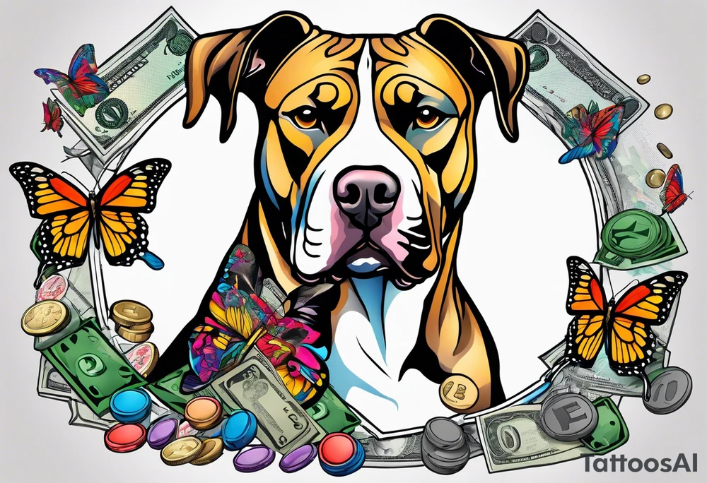 american staffordshire with a butterfly, with pills, drugs, euro bank notes and currency, vbank cheques, police, walkietalkies tattoo idea