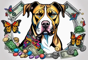 american staffordshire with a butterfly, with pills, drugs, euro bank notes and currency, vbank cheques, police, walkietalkies tattoo idea