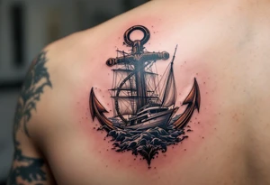 bold man with anchor and yacht
put on arm tattoo idea