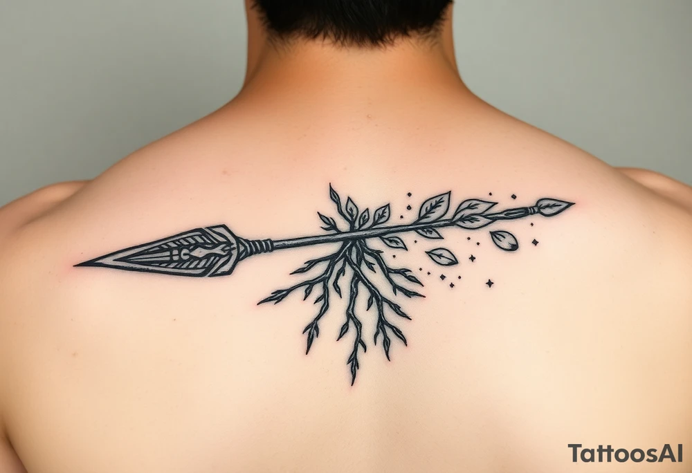 A broken spear with roots growing through it, tribal blackwork style, symbolizing healing through soul, not ego. 
One side traditional tribal pattern (e.g. Polynesian spear motifs), the other cracked but reforged with symbols of soul: leaves, stars, or water. tattoo idea