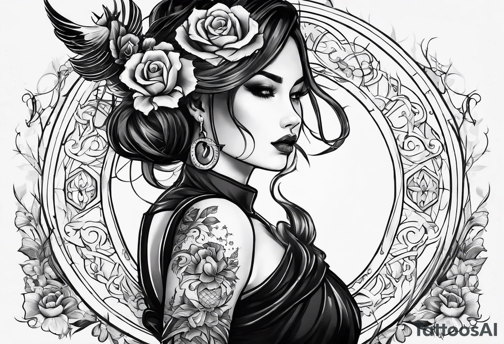 a tattoo with concept of adding buffs to luck for people who place it on their body. This tattoo will be in dark gothic and realistic art style, with Emblems presenting luck. tattoo idea