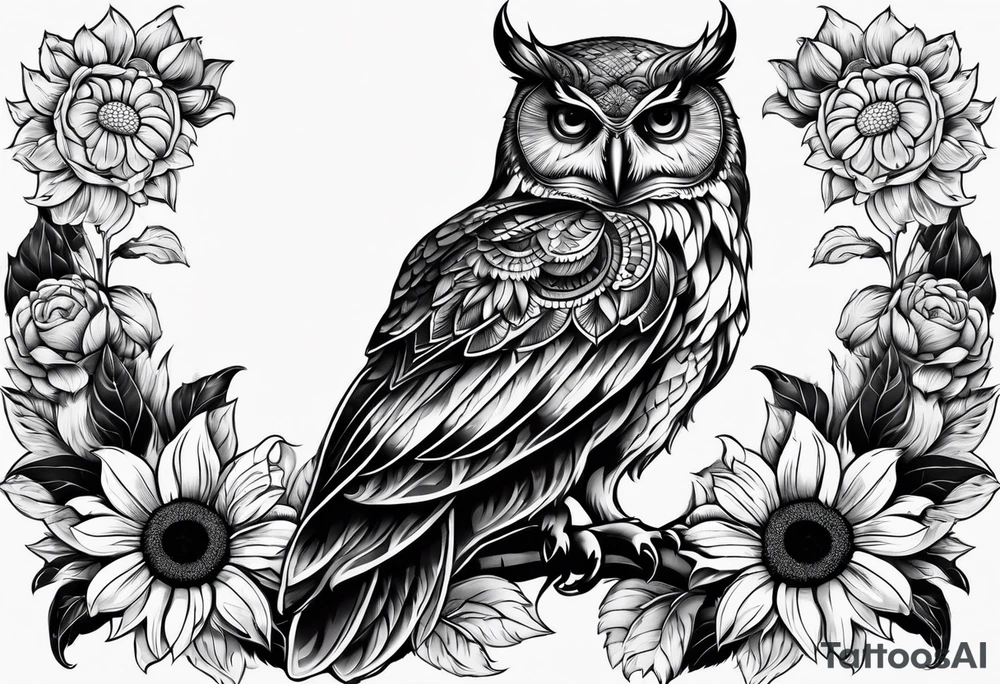Black and white owl with sunflowers leg sleeve tattoo idea