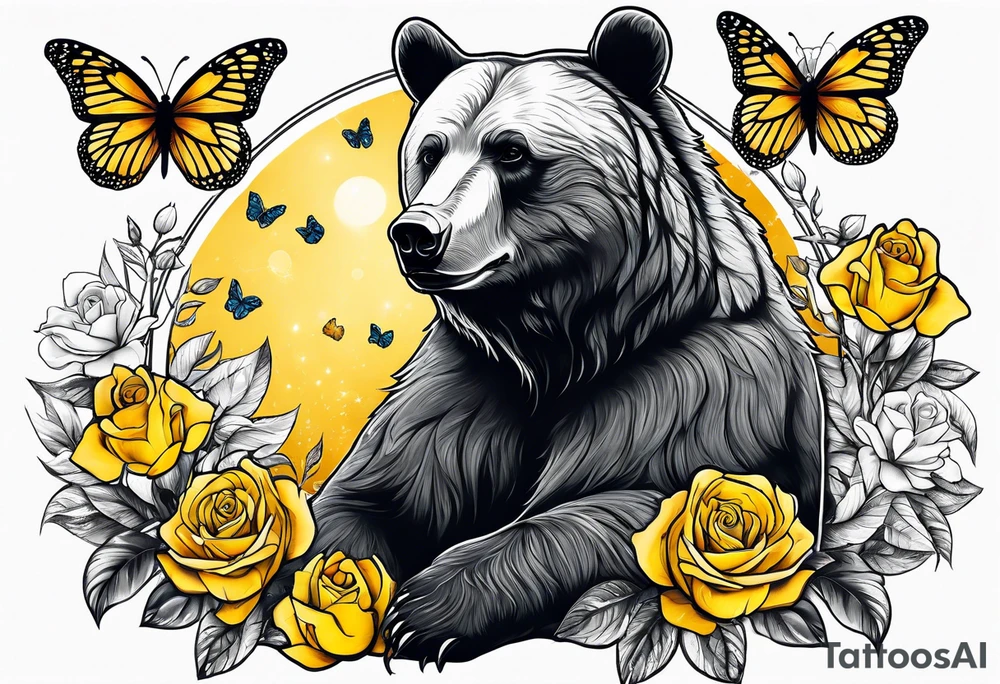 A bear sitting under the tree of life with three yellow roses, and three butterflies tattoo idea