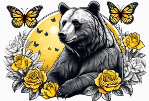 A bear sitting under the tree of life with three yellow roses, and three butterflies tattoo idea