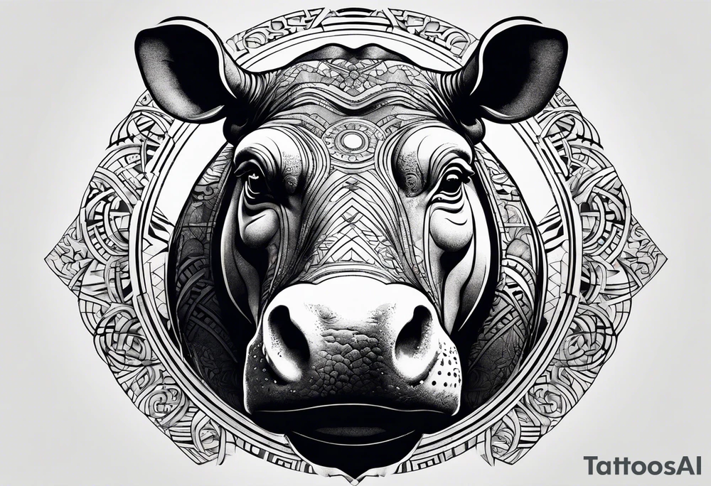 Asymmetrical, geometric, chinese ink art touch, hippo , full moon, tribal, orientation portrait tattoo idea