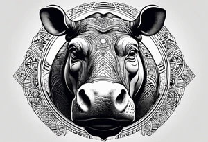 Asymmetrical, geometric, chinese ink art touch, hippo , full moon, tribal, orientation portrait tattoo idea
