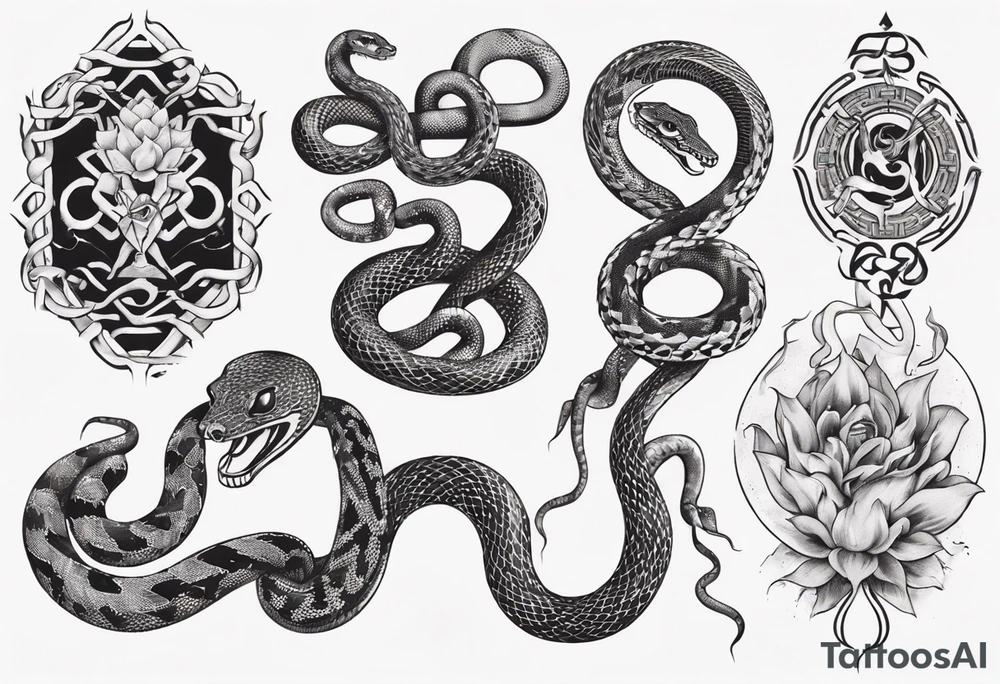 snakes interlocking around a Buddhist amulet that represents strength, protection, and love tattoo idea