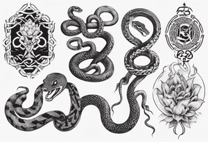 snakes interlocking around a Buddhist amulet that represents strength, protection, and love tattoo idea