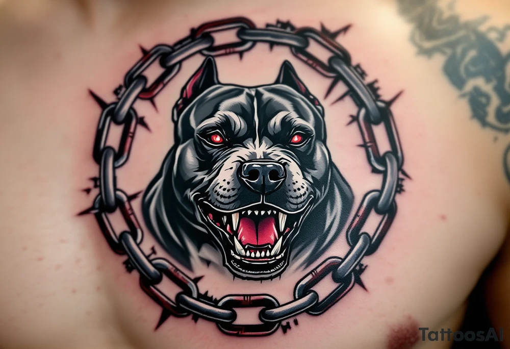 Pitbull snarling inside a broken chain circle, gray and black tattoo with metallic shading on the chains and red eyes for intensity. tattoo idea