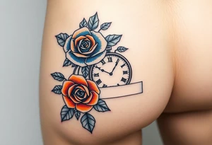 Blue and orange roses with a clock and name placeholder on the thigh tattoo idea