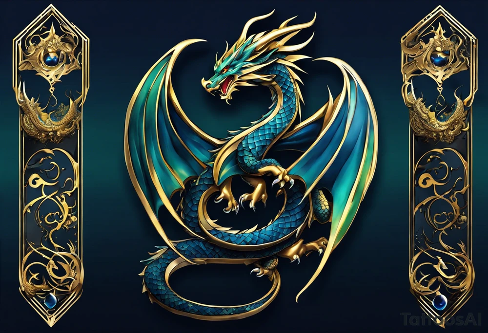 Anime Tattoo: An epic with no wings, floating. Its long body coiling dynamically, with scales and horns detailed to create a sense of movement and strength. The dragon's main color is midnight blue but features little accents in dark green and gold, giving a vibrant depth and a mystical aura. This tattoo highlights the dragon’s fierce expression and sharp claws as it wraps protectively around the leg. Style: Anime tattoo idea