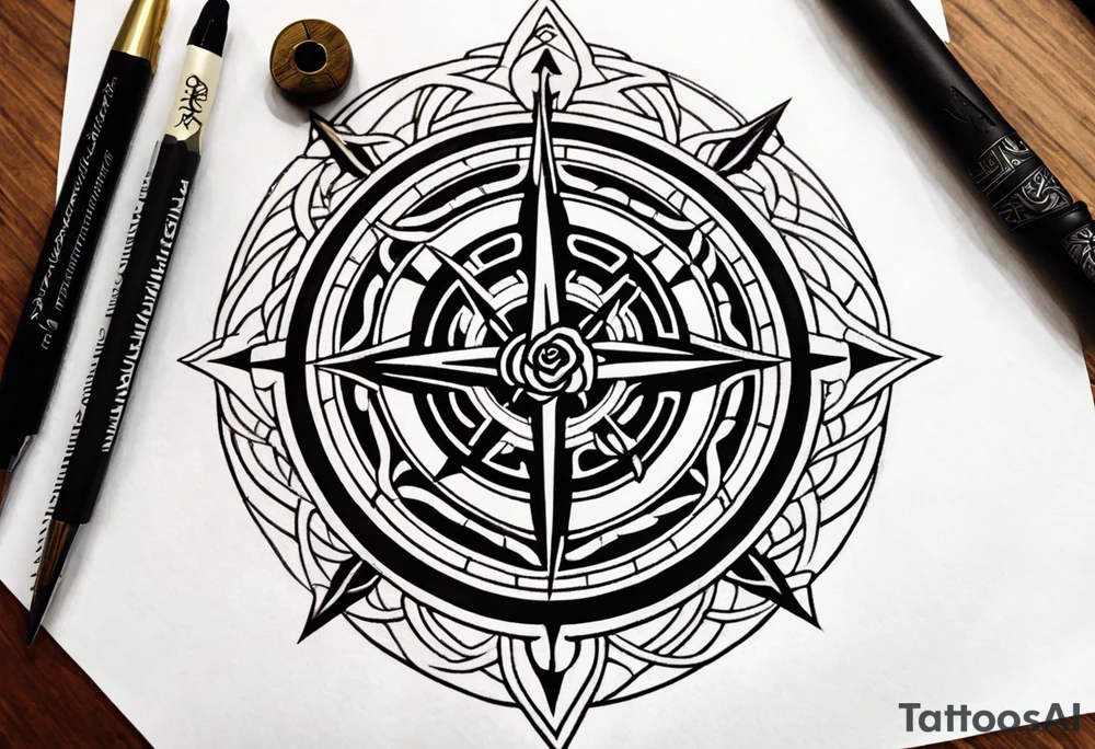A rose compass with a labyrinth on the inside and to Celtic swords going through the center of the rose compass tattoo idea