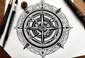 A rose compass with a labyrinth on the inside and to Celtic swords going through the center of the rose compass tattoo idea
