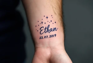 Ethan 22. 07. 2019 – Bold navy blue and silver stars scattered across a night sky, with Ethan's birthdate in a white, handwritten font. tattoo idea