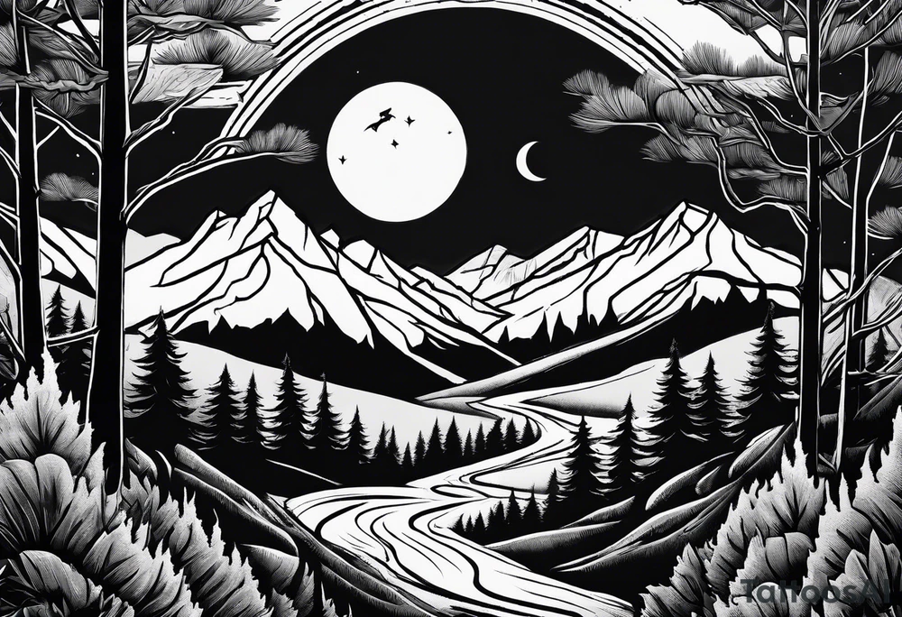 Half sleeve from shoulder
Peaks of mountains with a moon behind it
Dark woods below the mountains with a narrow trail with two wolves on bottom of the trails tattoo idea