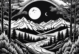 Half sleeve from shoulder
Peaks of mountains with a moon behind it
Dark woods below the mountains with a narrow trail with two wolves on bottom of the trails tattoo idea