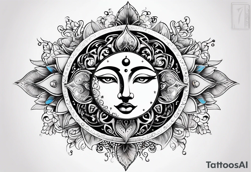 Feminine Sun and moon. long rectangular sternum swirls and dots and stars tattoo idea