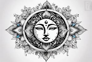 Feminine Sun and moon. long rectangular sternum swirls and dots and stars tattoo idea