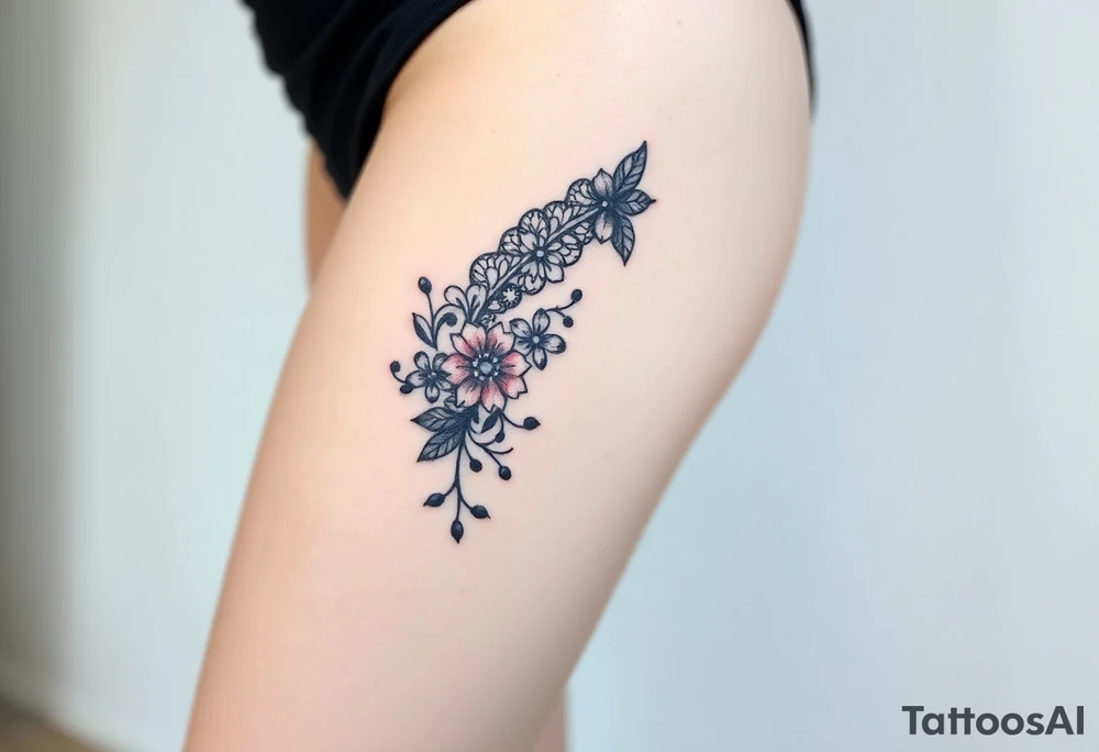A delicate black lace band wrapped around the wrist, featuring intricate floral and filigree patterns tattoo idea
