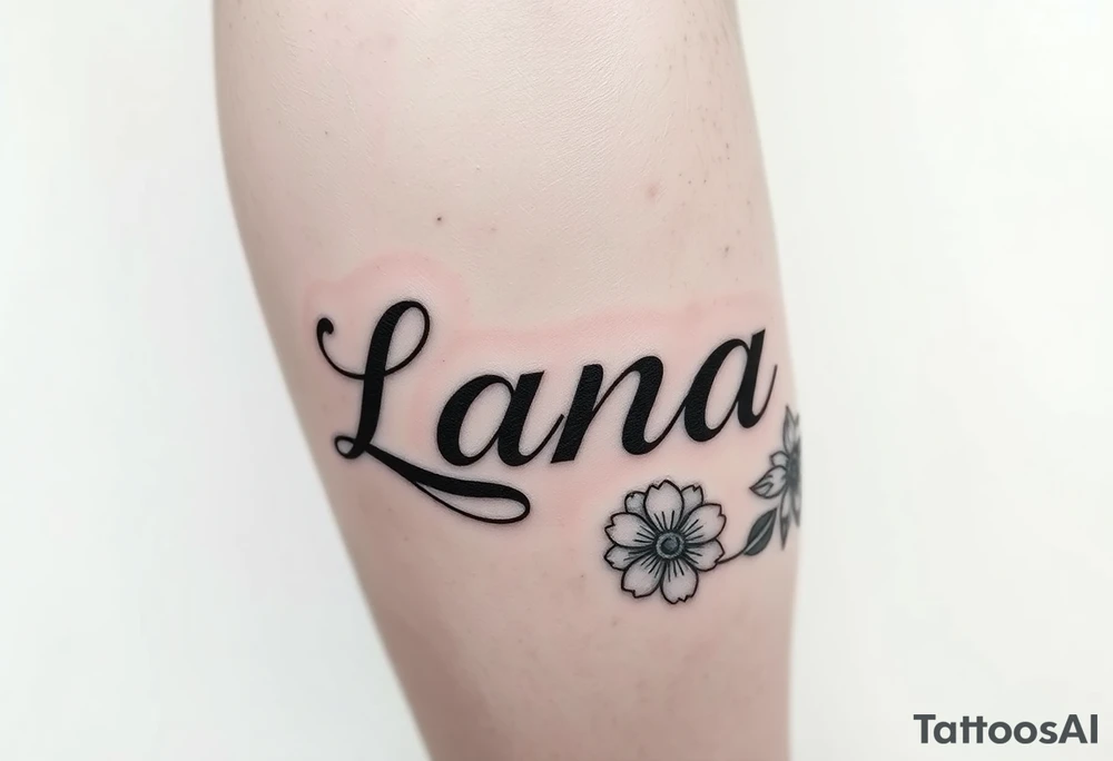 the name Lana going from my knee to my ankle the back of my leg with some flowers tattoo idea