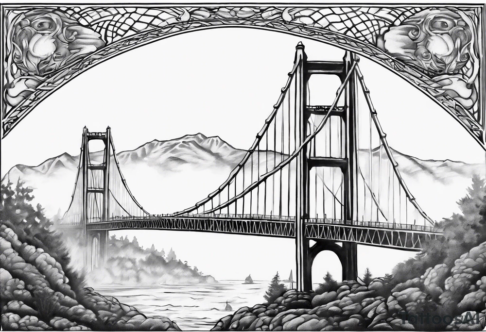 Goledn Gate Bridge with fog rolling in with Marin hills in the background tattoo idea