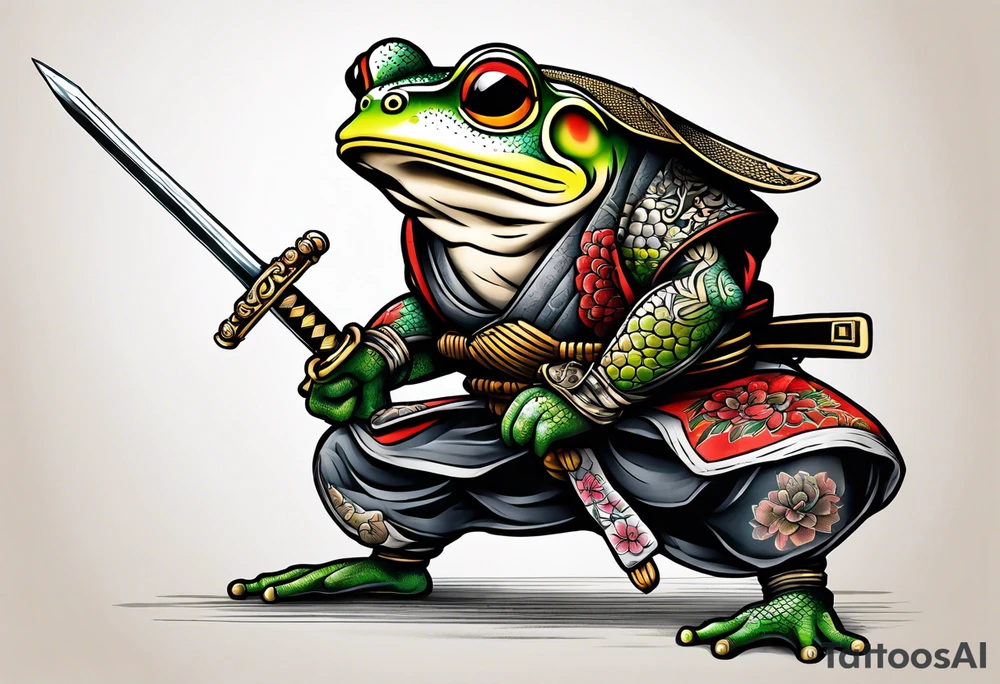 Samurai Frog with Japanese tattoos stand on one leg  with a tattoo needle instead of a sword tattoo idea