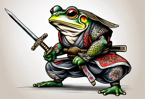 Samurai Frog with Japanese tattoos stand on one leg  with a tattoo needle instead of a sword tattoo idea