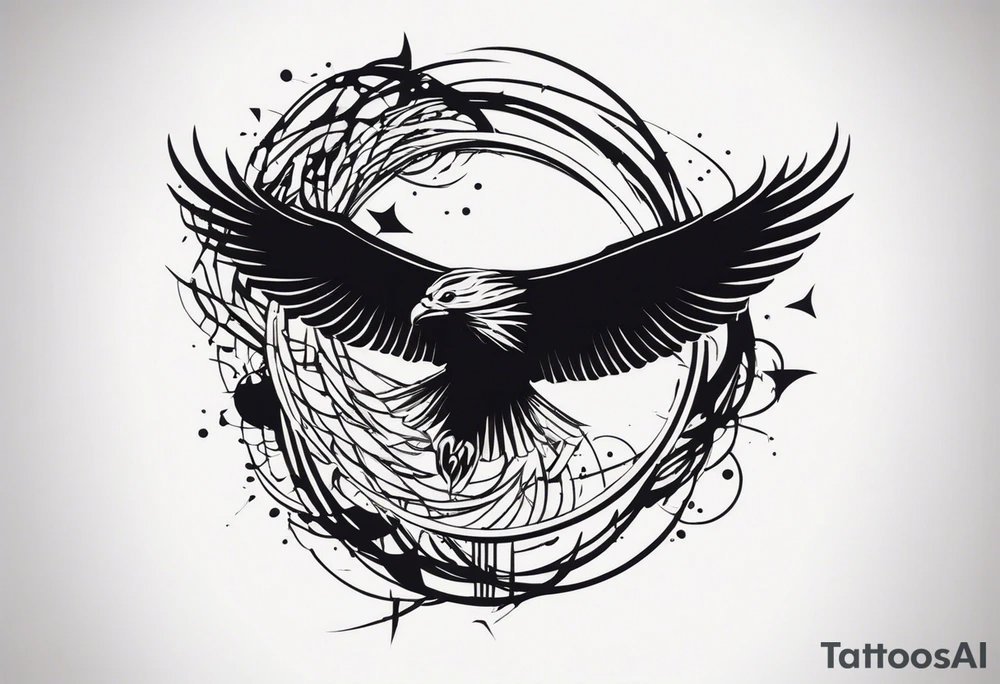 Wide tattoo that appears to be bursting out of the skin, symbolizing freedom. The tattoo should be vibrant and dynamic, with bold lines and colors that evoke a sense of liberation and empowerment. Consider incorporating elements such as broken chains, or other symbols of freedom. The tattoo should be visually striking and thought-provoking, inviting the viewer to reflect on the importance of personal freedom. tattoo idea
