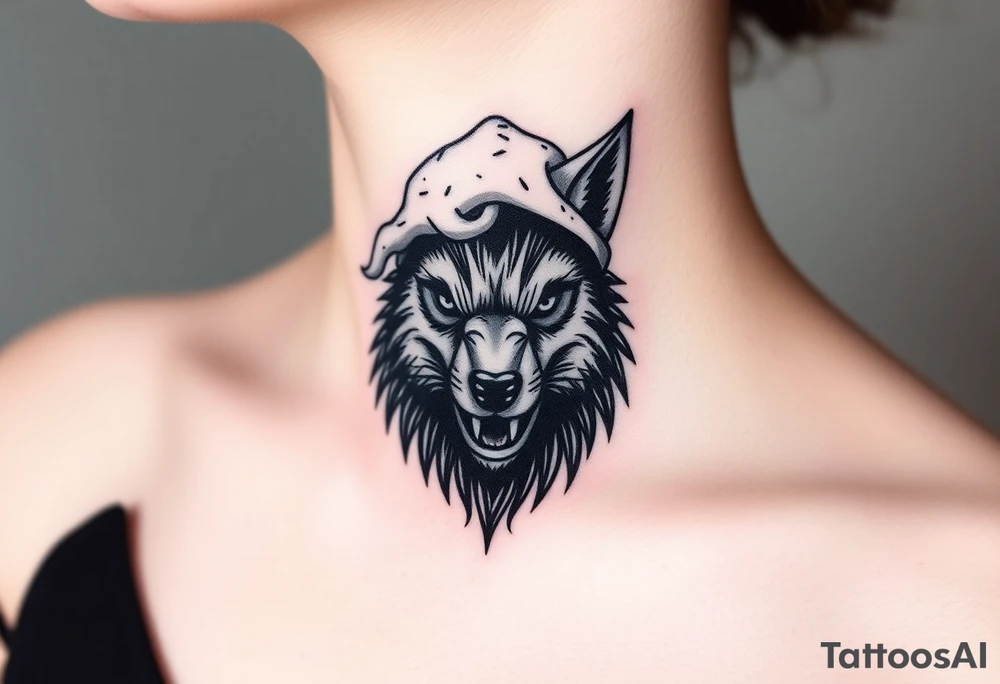 Big bad wolf nursery rhyme wearing a sheep costume with sheep head hood to kill and eat the three little pigs and little red riding hood tattoo idea