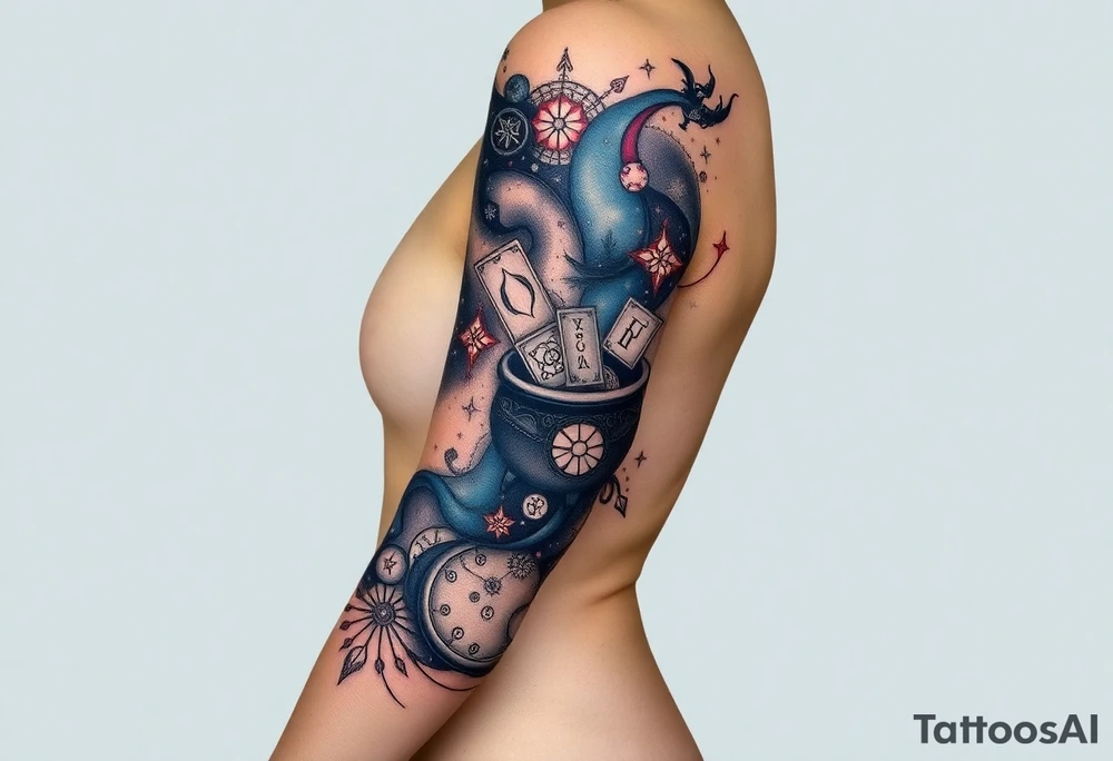 Milky way filled with zodiac symbols runes tarot cards coming out of amcauldron tattoo idea
