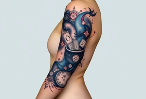 Milky way filled with zodiac symbols runes tarot cards coming out of amcauldron tattoo idea