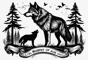2 baby footprint with the name Murphy above and the date 8/9/23 below the foot prints. Father wolf looking over a baby wolf with nature background tattoo idea