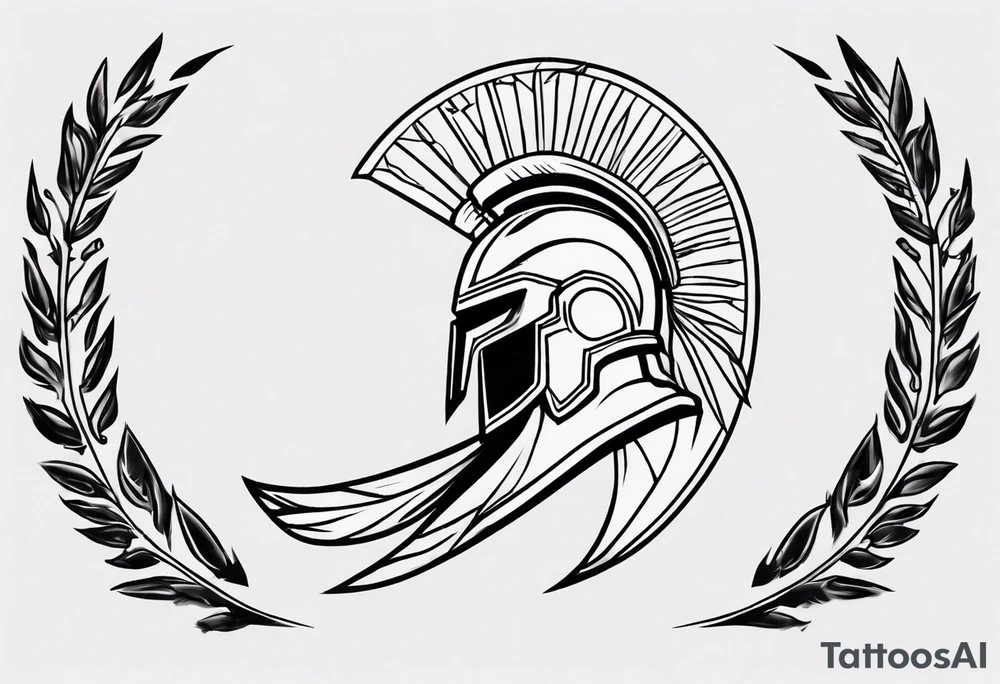 ultra-fine line linework vector of a spartan from the side, spartan spear, spartan shield, laurel wreath tattoo idea