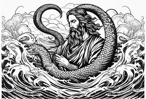 Almighty Jesus Christ choking a powerful Serpent in the ocean tattoo idea