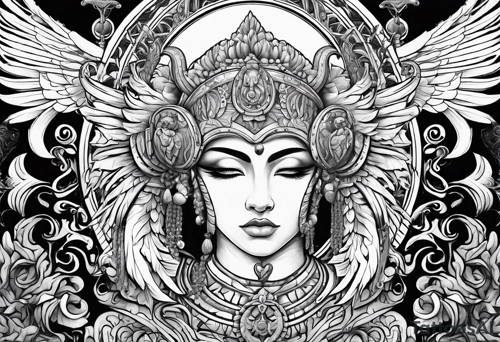 warrior figure, ram's horns, angel's wings tattoo idea