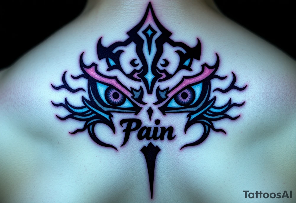 The Nagatto'rinneggan from Naruto just the eyes with a word writed "Pain" in japanese tattoo idea