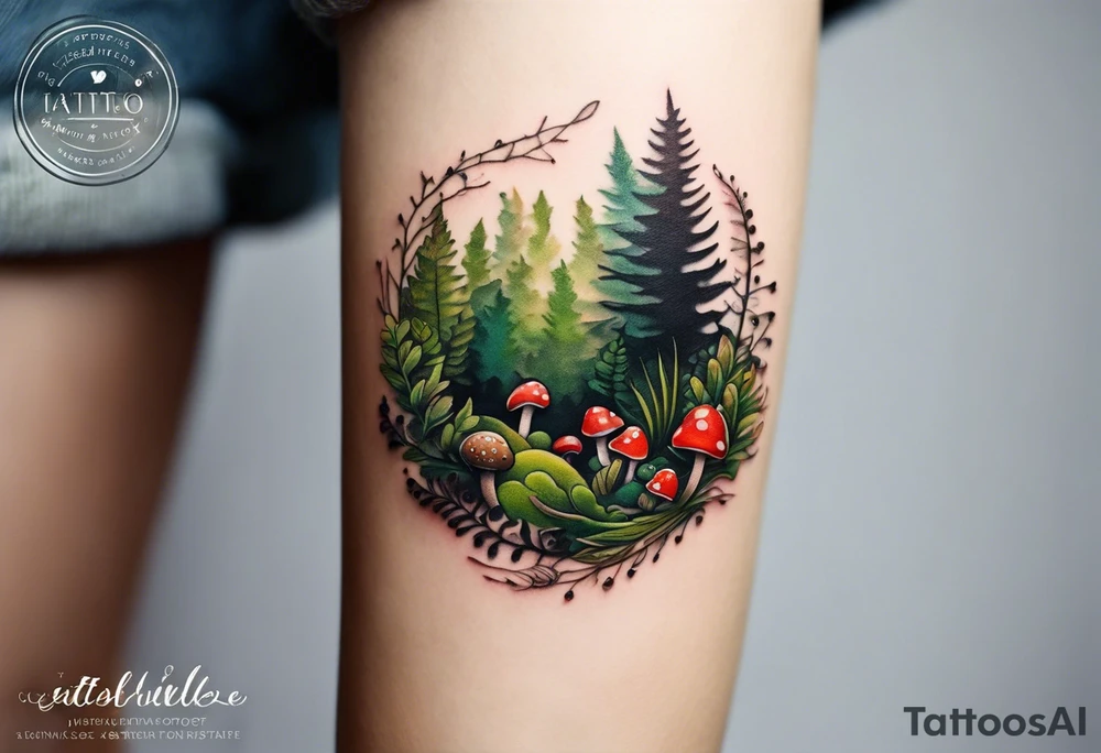 minimalistic forest floor inspired tattoo, which includes grass, moss, curly ferns and dead leaves as the bulk of the tattoo. details to include: forest berries, couple of very small brown mushrooms, a tiny bumblebee flying nearby tattoo idea