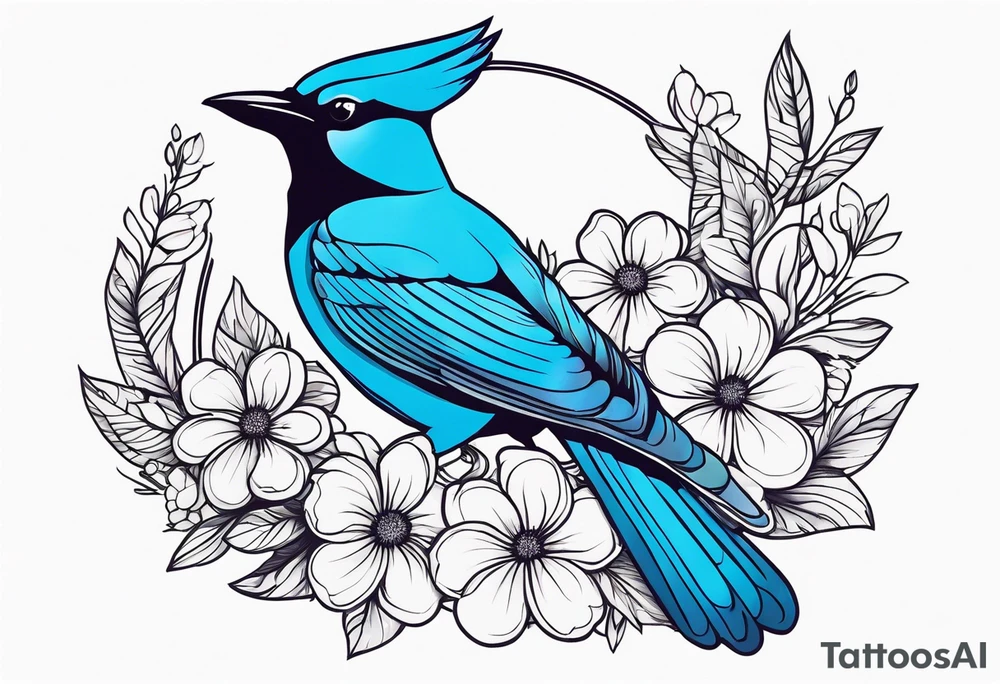 Stellar’s Jay bird with flowers tattoo idea