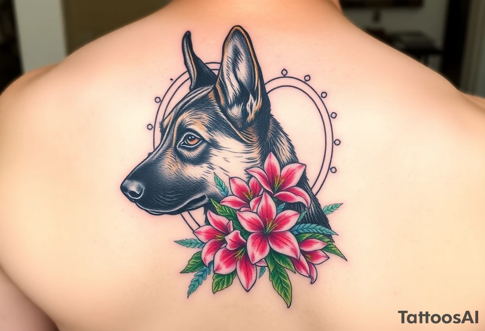 side profile german shepherd dog with pink floral lilies in a watercolour style with blue and green in front of a sacred heart tattoo idea
