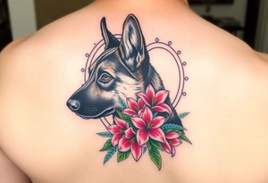 side profile german shepherd dog with pink floral lilies in a watercolour style with blue and green in front of a sacred heart tattoo idea